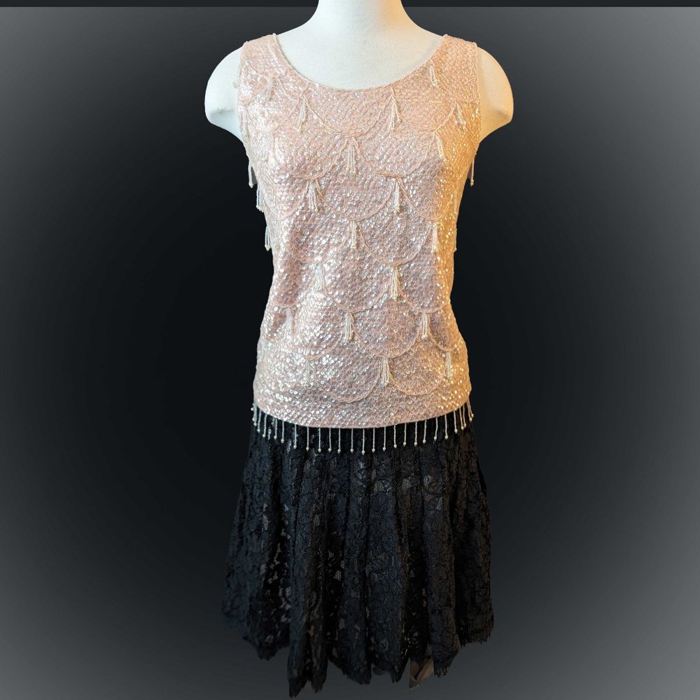 True 1950'sVintage Pale Pink Rhinestone and Bead Fringe Wool Tank Top - Small